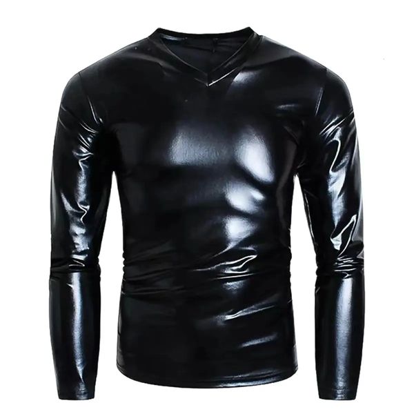 Vêtements pour hommes PVC Faux cuir Top S-7XL grande taille T-shirt à manches longues col en V Blouse veste brillante serré doux manteau en cuir verni 231226