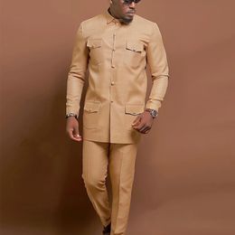 Vestido de novia para hombre, traje de un solo pecho, camisa de dos piezas, Color sólido, manga larga, ropa de estilo nacional africano Social 240117