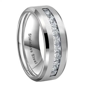 Bagues de mariage pour hommes, bague de fiançailles en acier inoxydable, princesse, coupe ronde, zircone cubique blanche AAAAA, taille 6-13