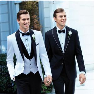 Heren bruiloft pak aangepaste witte jas zwarte broek self-cultivatie smoking bruidegom pak formele partij