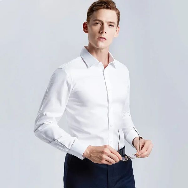 Chemise blanche pour hommes à manches longues sans repassage affaires travail professionnel vêtements à col costume décontracté bouton hauts grande taille S-5XL 240124