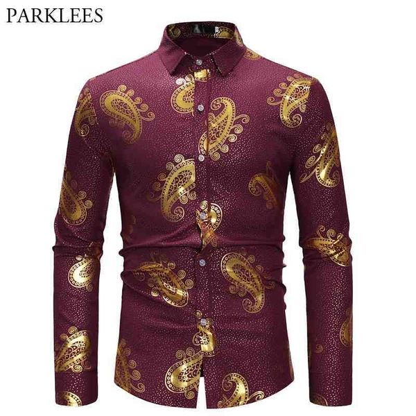 Vin pour hommes Red Paisley Imprime à manches longues Casual Slim Fit Premium Robe Shirt Men Business Social Polk Dot Chemise Homme XL 210522