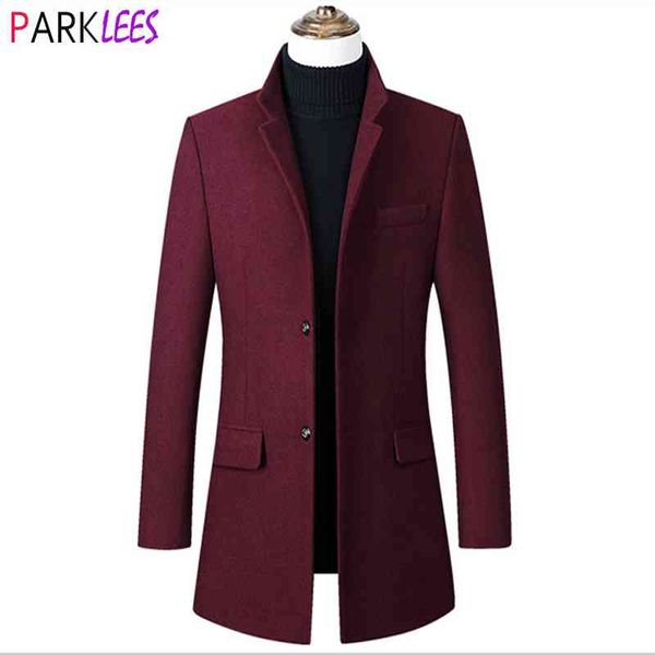 Vino de los hombres Lana roja Trench Coat Winter Brand Long Trench Coat Hombres Stand Collar Slim Fit Business Pea Abrigo Masculino 4XL 210522