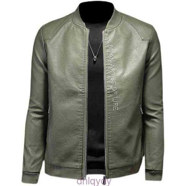 Chaqueta de cuero de motocicleta corta y delgada con cuello y béisbol de otoño e invierno para hombre/chaqueta de cuero de boutique abrigo verde de PU T 60JD