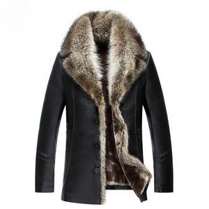 Winterjassen voor heren Casual leren jas voor heren Warm Raccoon bont kraaglagen Mannelijke kleding Midden-lengte overjassen