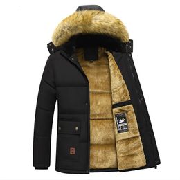 Inverno masculino parka forro de lã grosso com capuz gola de pele jaqueta tamanho 5xl pelúcia outono trabalho preto 231220