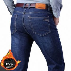 Hommes d'hiver chaud polaire Jeans épais Stretch Denim Jean droit Lg pantalon Fi mâle Cott classique pantalon grande taille 44 o5i2 #