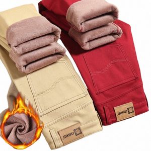 Hommes hiver chaud polaire kaki rouge jeans 2023 nouveau busin fi stretch slim fit denim épais pantalons décontractés pantalons de marque masculine 86Rh #