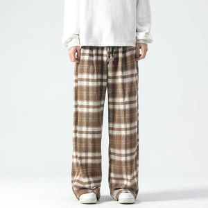 Hiver Woven Fashion Filhy Retro Plaid Laine Men Streetwear Streetwear coréen lâche pantalon droit épais pantalon pour hommes AA230322
