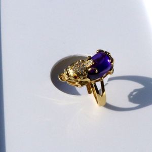 Hombres Mujeres Antiguo 18 K Oro sólido GF 3D Suerte Riqueza Pixiu Púrpura Onyx Diamante pequeño CZ Ojos Anillo de filigrana Tamaño abierto