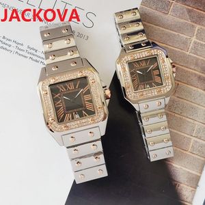Heren vrouwen vierkante diamanten ring horloge klassieke Romeinse nummer dag-datum horloges 40mm 32mm alle roestvrijstalen klassieke paren polshorloges relojes de marca mujer