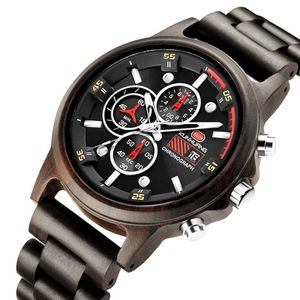 Montre en bois pour hommes, cadran en acier inoxydable, chronographe, aiguilles lumineuses299Y