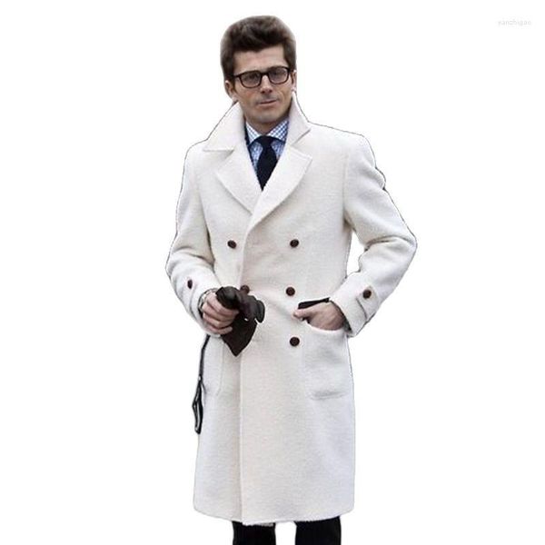 Men's Wool 2023 Manteau en laine blanc uni pour hommes Style anglais épais Plus manteau Long à double boutonnage décontracté mode d'hiver vestes chaudes