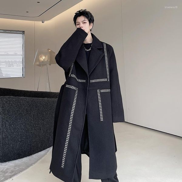 Abrigo de mezclas suelto negro de lana para otoño e invierno para hombre con remaches de cinturón decoración elegante gabardina estilo de moda E57