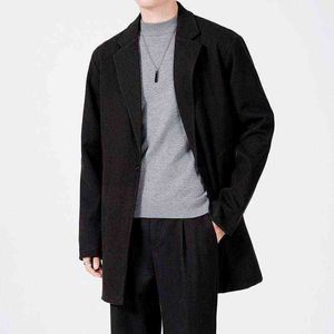 Men's wolmengsels 2021 herfst en winter massief kleur jeugd wollen jas jas casual losse Koreaanse zwarte middenlengte sectie kleding T220810