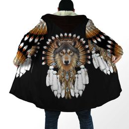 Mezclas de lana para hombre 2021 Capa de invierno para hombre Hermoso Lobo nativo tribal Impresión completa en 3D Abrigo con capucha de lana gruesa Abrigo unisex Capa cálida informal DP15 HKD230718