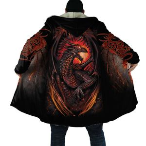 Heren Wol Blends 2021 Winter Heren Mantel Skull and Dragon Armor Tattoo 3D Print Fleece Capuchon Mantel Unisex Casual Dikke Warme manteljas PF30 HKD230718