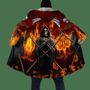 Mezclas de lana para hombre 2021 Capa de invierno para hombre Fire Reaper Skull Tattoo 3D Full Printing Fleece Hooded Coat Unisex Casual Thick Warm Cape coat PF49 HKD230718