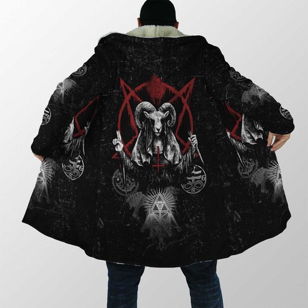 Hommes mélanges de laine 2021 hiver hommes manteau à capuche noir satanique crâne tatouage impression 3D polaire coupe-vent unisexe décontracté chaud capuche manteau PF05 HKD230718