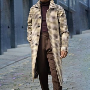 Men's wolmengsels 2023 Autumn mode geruite wollen lange jassen voor mannen casual draai kraagjas winter warme mouw bovenkleding