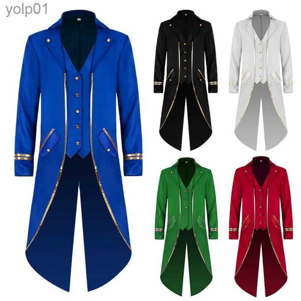 Mélanges de laine pour hommes 2023 Nouveau smoking d'Halloween Veste gothique pour hommes Steampunk Tailcoat Long manteau Halloween Médiéval Come Frock Gold Trim Fit CoatL231017