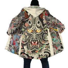 Herenwolmengsels 2023 Wintermode Herenmantel Samurai Oni Masker Tattoo 3D-printen Dikke fleece capuchon Unisex Casual warme cape jas 230927