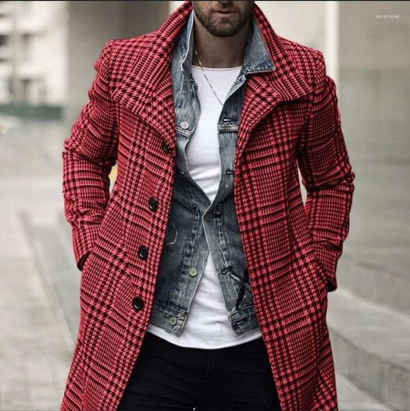 Laine mélangée pour hommes automne et hiver mode manteau à revers à carreaux longueur moyenne sur longue pour hommes rouge Kend22