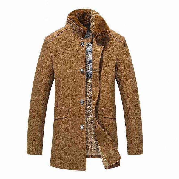 Hommes laine mélanges automne hiver chaud manteaux pour hommes col de fourrure épais veste mâle Trench Coat 2021 marque vêtements d'extérieur Trenchcoat T220810