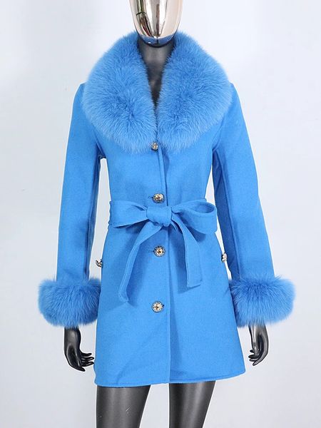 Mélanges de laine pour hommes Bluenessfair manteau de fourrure véritable veste d'hiver femmes col naturel poignets ceinture cachemire laine vêtements d'extérieur streetwear 231128