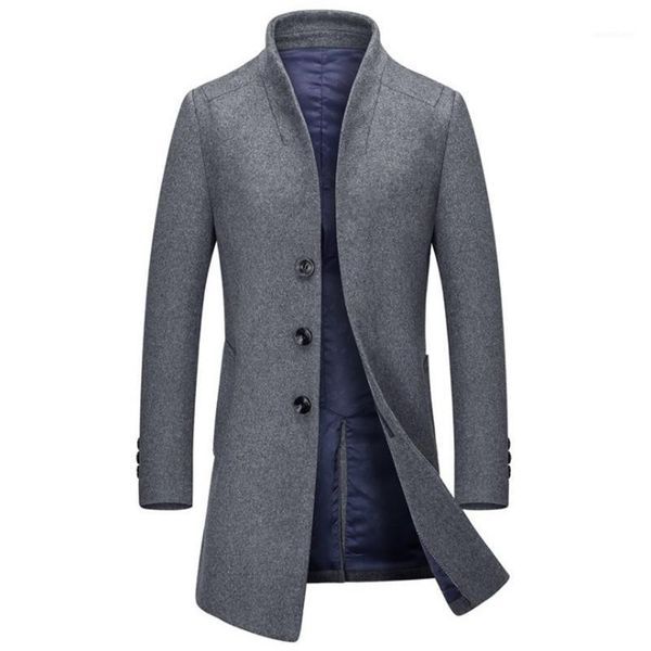 Chaqueta de abrigo ajustada informal de mezcla de lana para hombre, moda Otoño Invierno 2021, abrigo largo con cuello levantado de un solo pecho, negro Ds508131