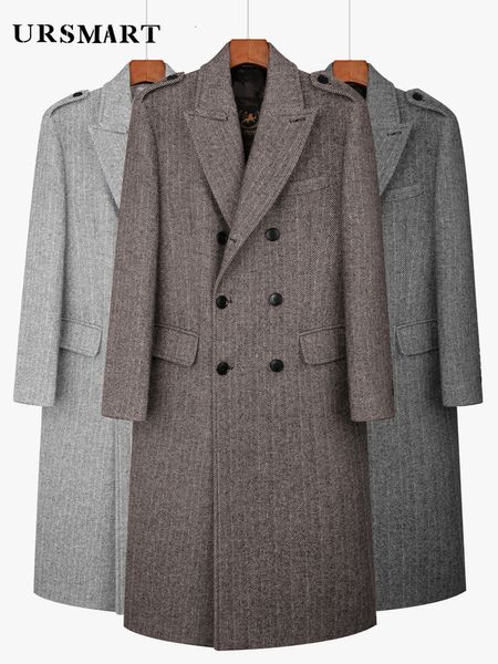 Mélanges de laine pour hommes Manteau en laine ultra long à motif à chevrons classique pour hommes avec doudoune épaissie à double boutonnage de la mode britannique 230921