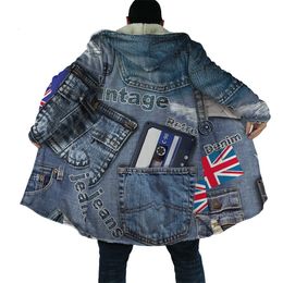 Hommes Laine Mélanges CLOOCL Cape D'hiver Faux Vintage Denim Royaume-Uni Drapeau Poche 3D Imprimé À Capuche Cape pour Hommes Coupe-Vent Polaire À Capuche Couverture Hommes Manteaux 230320