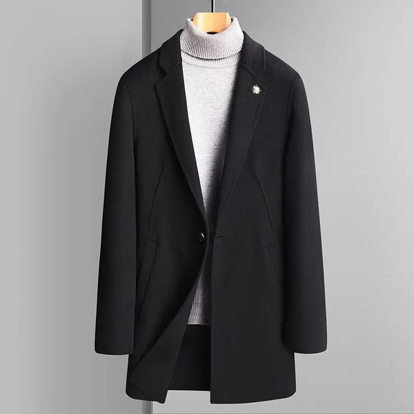 Mezclas de lana para hombres Estilo de Inglaterra Hombres Elegante abrigo de cachemira Negro Azul Cuello con muescas Singe Botón Diseño Mezcla Abrigos Trajes masculinos Invierno 231017