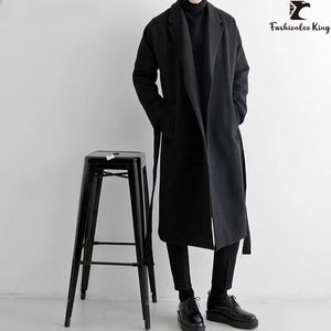 Manteau de laine mélangé pour hommes, pardessus à ceinture, à la mode, noir, Long, hiver, 231013