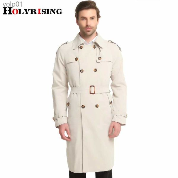 Mezclas de lana para hombres Holyrising S-6XL Gabardina larga para hombre Moda clásica Ocio británico Rompevientos entallado Abrigo de viento beige sólido con doble botonaduraL231017