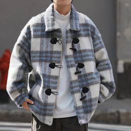Mezclas de lana para hombre, chaquetas de invierno legibles, abrigo coreano informal a cuadros para hombre, abrigo con cuello vuelto para hombre 231009