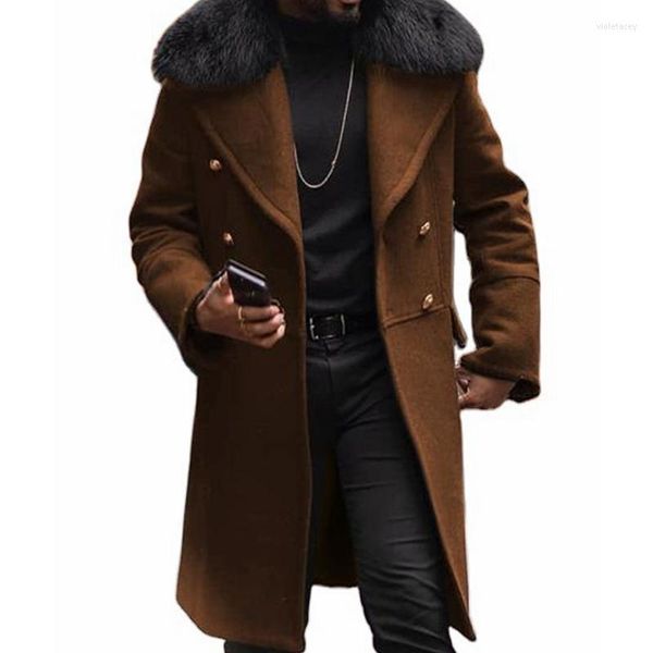 Mélanges de laine pour hommes Mandylandy Trench-coat décontracté en laine solide à double boutonnage marron avec couture latérale pardessus manteau Sidekick veste zippée Viol