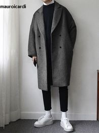 Men's wollen mengsels mauroicardi herfst winter losse casual grijs zwart zacht warm wollen jas mannen revers koreaanse mode 230320