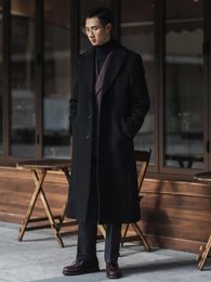 Mélanges de laine pour hommes Mauroicardi automne hiver long chaud noir trench-coat hommes simple boutonnage luxe pardessus de haute qualité vêtements 231205