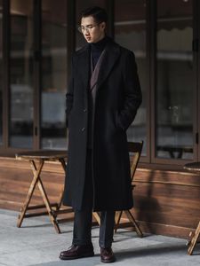 Mélanges de laine pour hommes Mauroicardi automne hiver long chaud noir trench-coat hommes simple boutonnage luxe pardessus 2023 vêtements de haute qualité 231017
