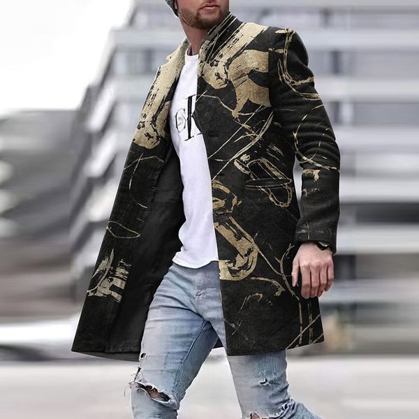 Mezclas de lana para hombres Hombres Otoño Invierno Abrigos de manga larga Moda Recta para hombre Chaquetas Blazer Patrón vintage Estampado de cuello alto Abrigos abotonados 221206