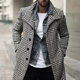 Mélanges de laine pour hommes hommes manteau automne et hiver hommes mode Plaid revers Long manteau simple boutonnage à manches longues pardessus Chic Cardigan hommes hauts 221208