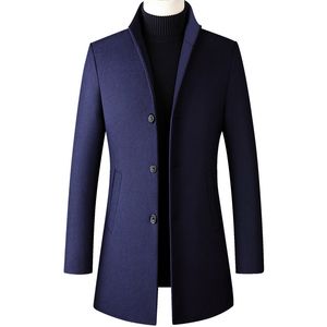 Men's Wool Blends Hommes longs Trench manteaux automne hiver simple boutonnage bleu laine mélanges veste décontracté affaires mâle coupe ajustée coupe-vent 230923