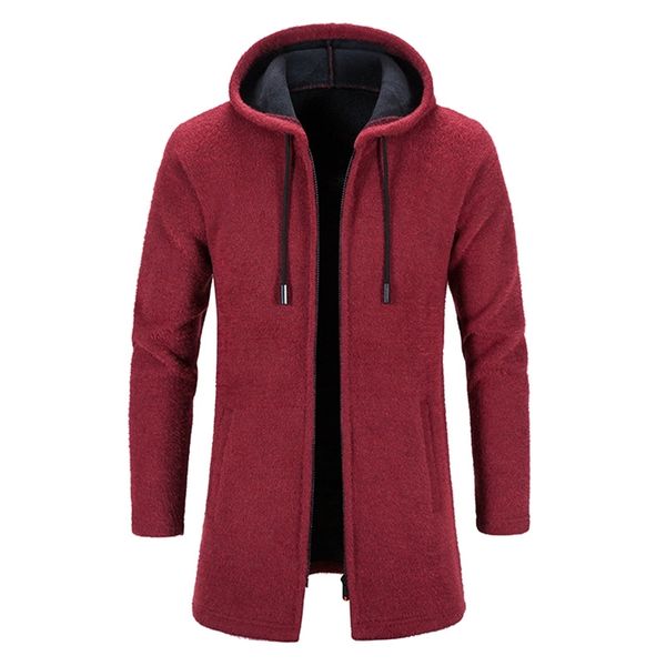 Mezclas de lana de los hombres Suéter de los hombres Abrigo de invierno cálido informal Sudadera con capucha Cárdigan con cremallera Suéter Otoño Invierno Chaqueta de moda de lana Larga roja 220915