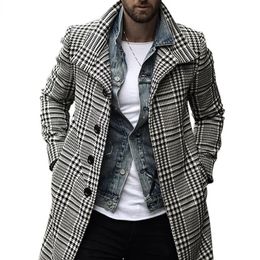 Mélanges de laine pour hommes Trench-Coat à carreaux à la mode pour hommes coupe ajustée Streetwear pardessus simple boutonnage vêtements d'extérieur coupe-vent 231005