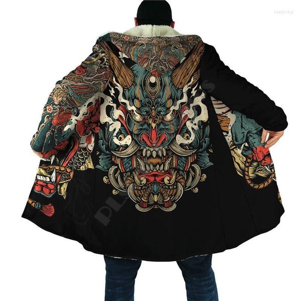 Mezcla de lana para hombre Oni Mask Tattoo 3D Over Printed Cloak Hoodie para hombres y mujeres Winter Fleece Wind Breaker Warm Hood Kend22