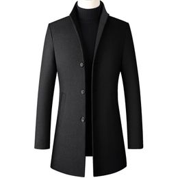 Men's wolmengsels Parklees Winter Wool Trench Coat Men Warm Winddicht Kantoor Jassen Wollen Solid Slim Vintage Long Black Overcoat 220930