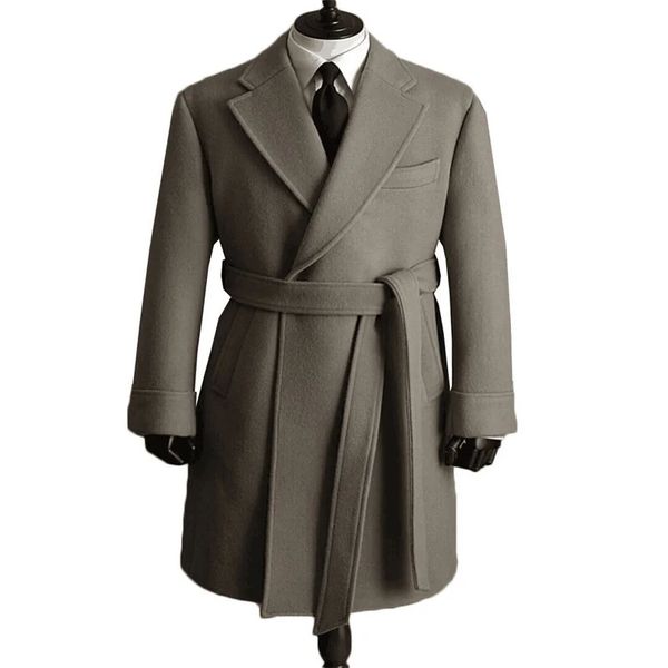 Mélange de laine pour hommes, beau costume solide avec ceinture, épais, manteau Long sur mesure, veste d'affaires à revers gris clair, 231009