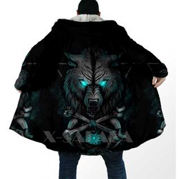 Mannen Wol Blends Dikke Warme Hooded Mantel voor Mannen Tattoo Symbool Fenrir Viking Overjas Jas 3D Print Winddichte Fleece Cape Robe Hooded Deken-10 HKD230718