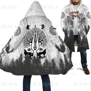 Mannen Wol Blends Dikke Warme Hooded Mantel voor Mannen Viking Thor En Mjolnir Overjas Jas 3D Print Winddichte Fleece Cape Robe Hooded Deken-3 HKD230718